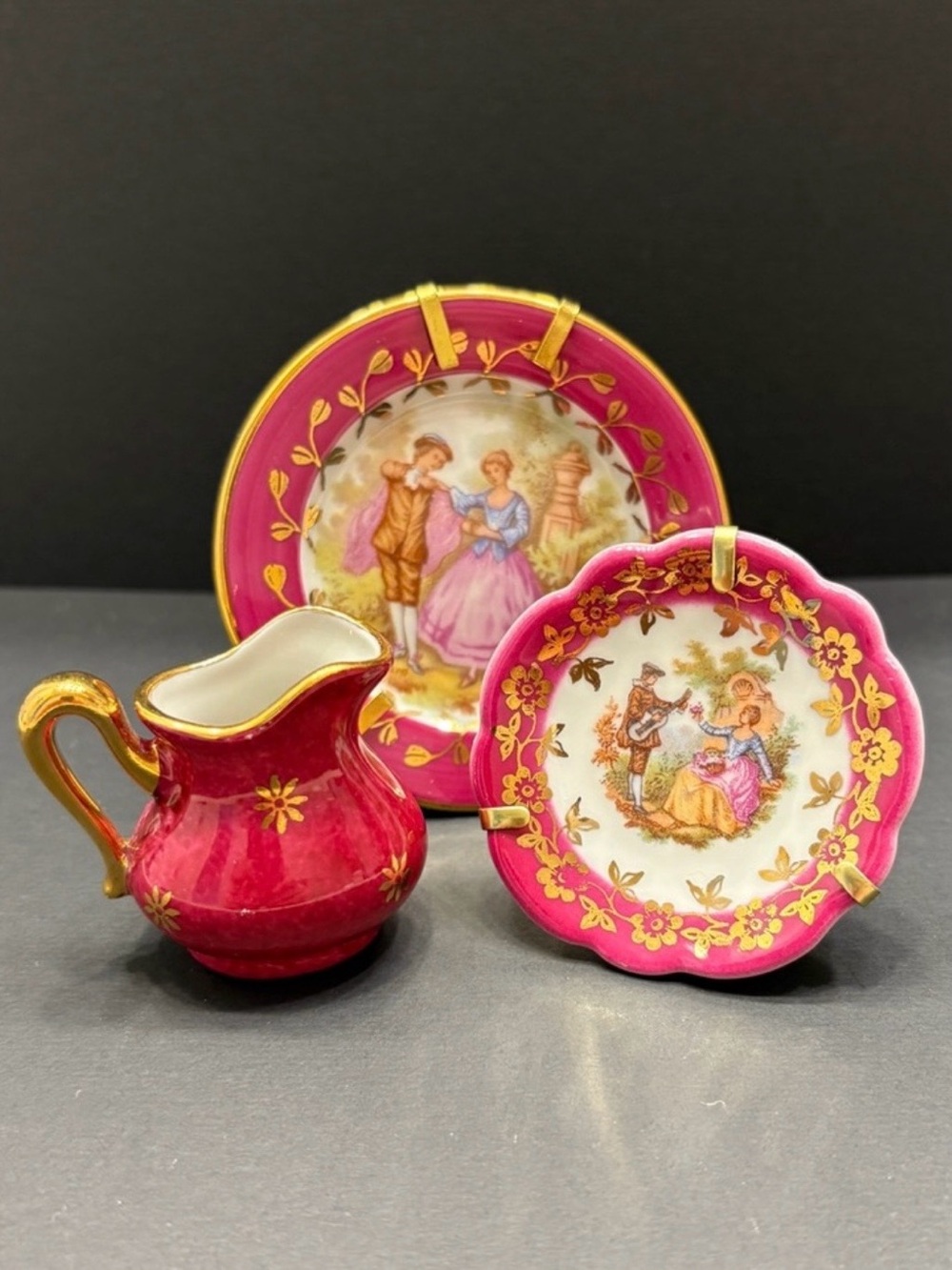 Limoges Miniature Handpainted Pink and White Porcelain Dish Set with Gold